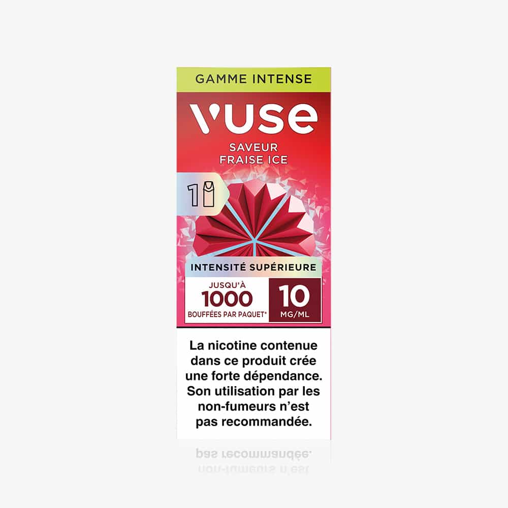 A red box labeled "1 Pod Saveur Fraise Ice" features a geometric berry design, capsules saveur Fraise, “1000 bouffées,” “10 mg/ml,” and a French nicotine health warning at the bottom.