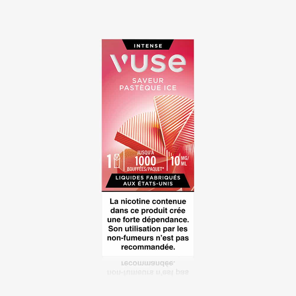 A 1 Pod Saveur Pasteque Ice (Watermelon Ice flavor) Vuse vape pack on a red background, featuring up to 1000 puffs, 18g, 10mg/mL nicotine, with a French health warning at the bottom.