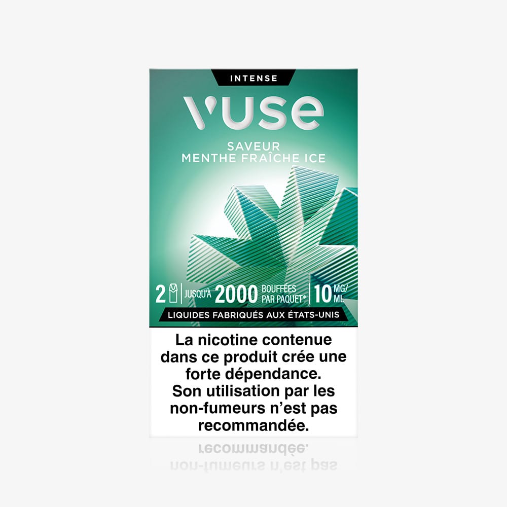 A box of Recharge Standards Saveur Menthe Fraîche Ice pods with a mint leaf design. Packaging shows 2 capsules ice, up to 2000 puffs per pack, 10 mg nicotine, and a French health warning.