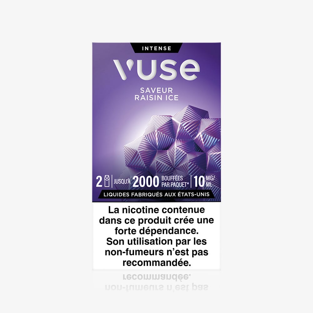 The Recharge Gamme Intense Saveur Raisin Ice pack features purple geometric designs. Label notes 2000 puffs, 10 mg/mL nicotine, a French warning for non-smokers, and includes capsules saveur Raisin Ice.