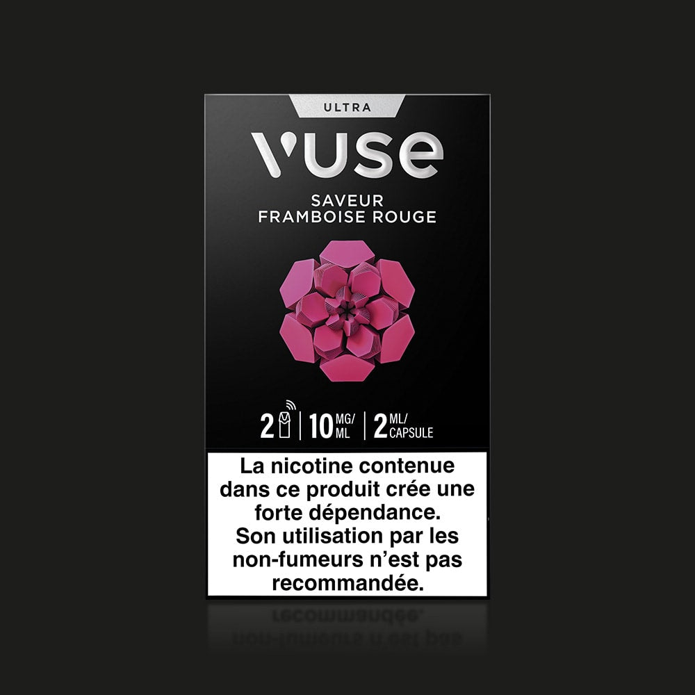 A Vuse Ultra Saveur Framboise Rouge e-cigarette pod pack displays a red raspberry graphic, dosage info, and “capsules connectées,” with a French nicotine addiction warning on the front.