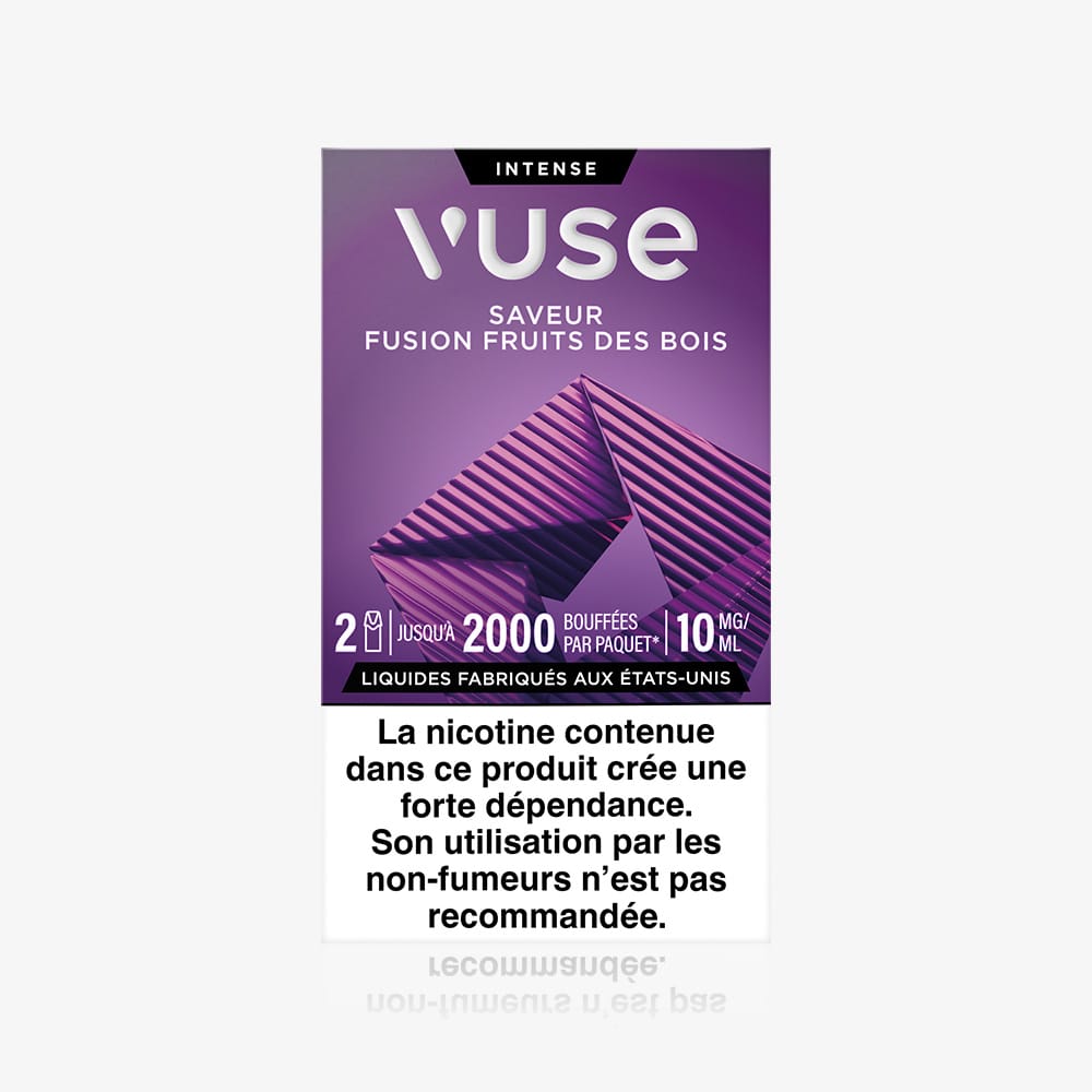 Recharge Gamme Intense Saveur Fusion Fruits des Bois, avec motifs géométriques violets et avertissement nicotine en français sur fond blanc. Compatible avec les capsules Vuse pour une expérience vape satisfaisante.