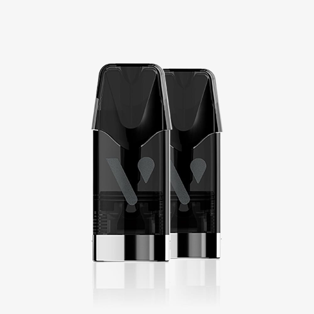 Two black and transparent vape pods with rounded edges and silver bases stand side by side on a white background. Ideal for enjoying Recharge Gamme Intense Saveur Pastèque Ice.
