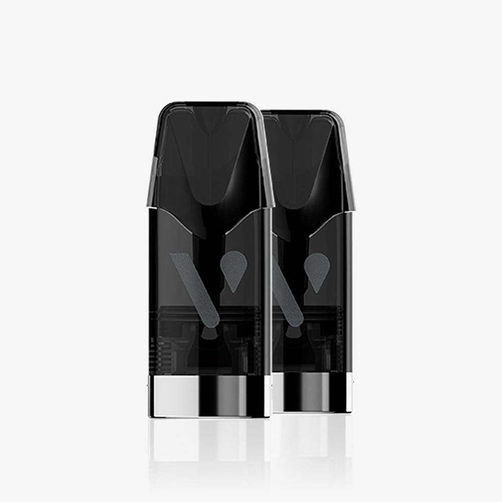 Two black and transparent vape pods with silver bases stand side by side on a white background, resembling Recharge Gamme Intense Saveur Raisin Ice capsules from an elegant package.