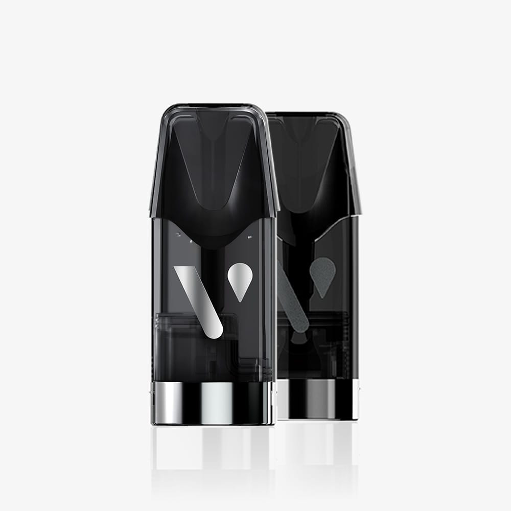 Two black and transparent Vuse vape pods with silver bases stand upright on a plain white background—perfect for recycling using the Sac de collecte Vuse.