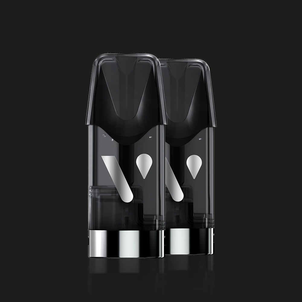 Two transparent, rectangular Vuse Ultra Saveur Fraise Ice vape pods with black mouthpieces and silver bases stand side by side on a dark background, ideal for enjoying the refreshing strawberry ice flavor.