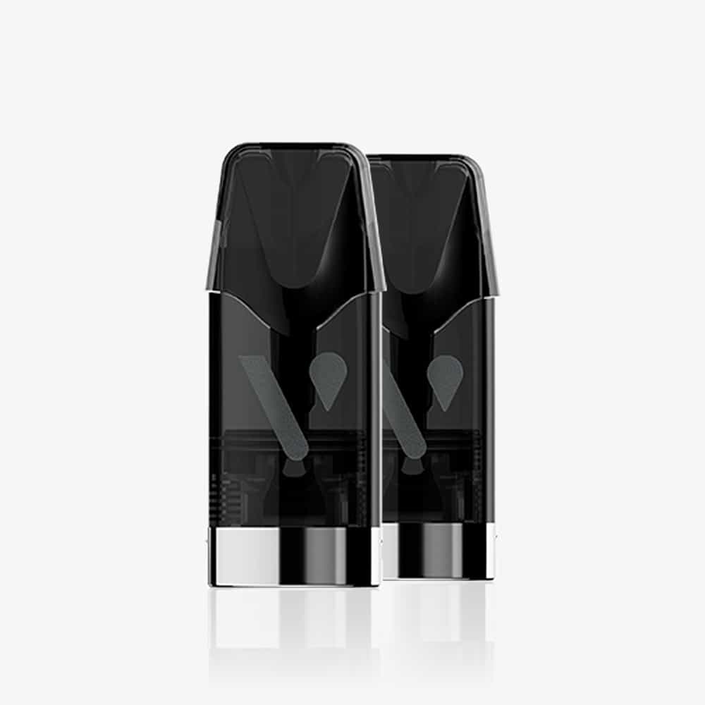 Two black and transparent rectangular Recharge Gamme Intense Saveur Fraise Kiwi vape pods with silver bases stand upright side by side against a plain white background.