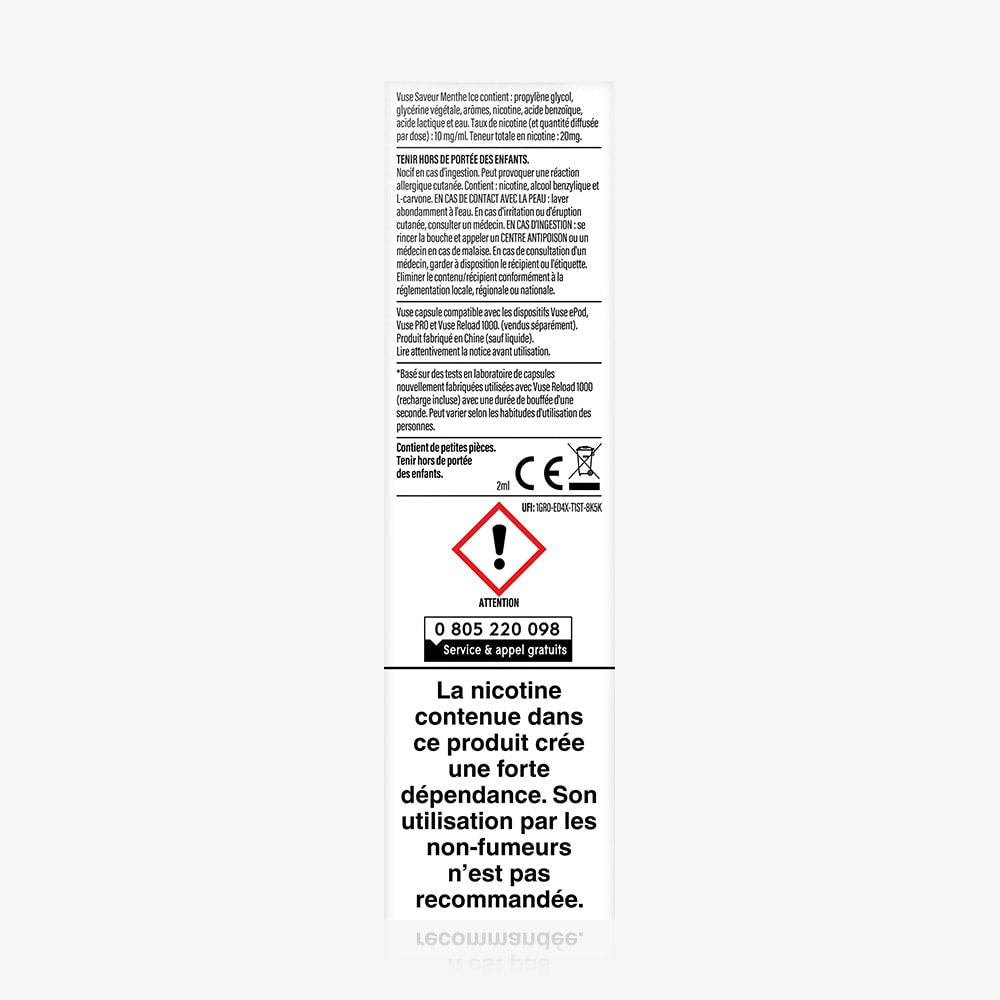 A white label for Vuse Reload 1000 Bar Saveur Menthe Ice with French nicotine safety and warning text, hazard symbols, info phone number, and a bold notice that this rechargeable product is highly addictive and not for non-smokers.