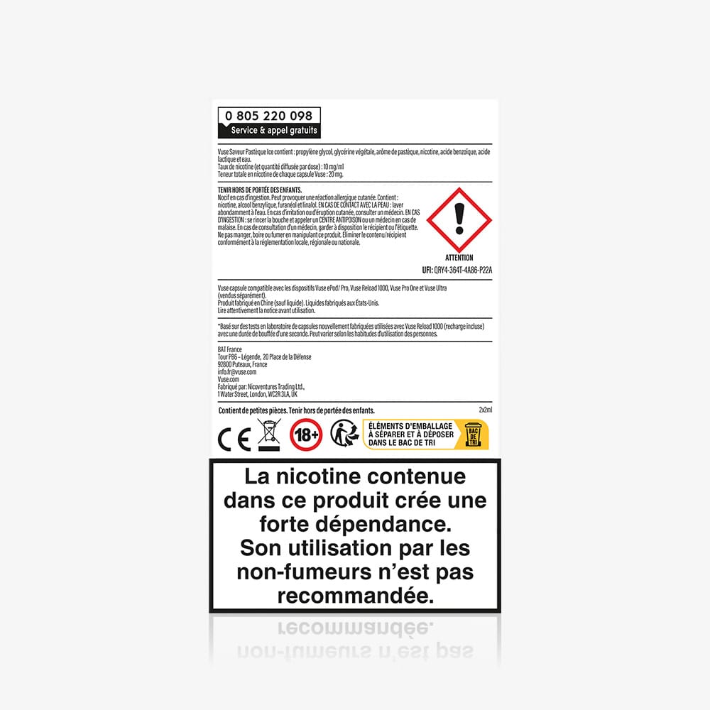 A French/English warning label for Recharge Gamme Intense Saveur Pastèque Ice features hazard symbols, nicotine addiction warnings, capsule info, a helpline number, and age restriction icons—recommended for smokers only.