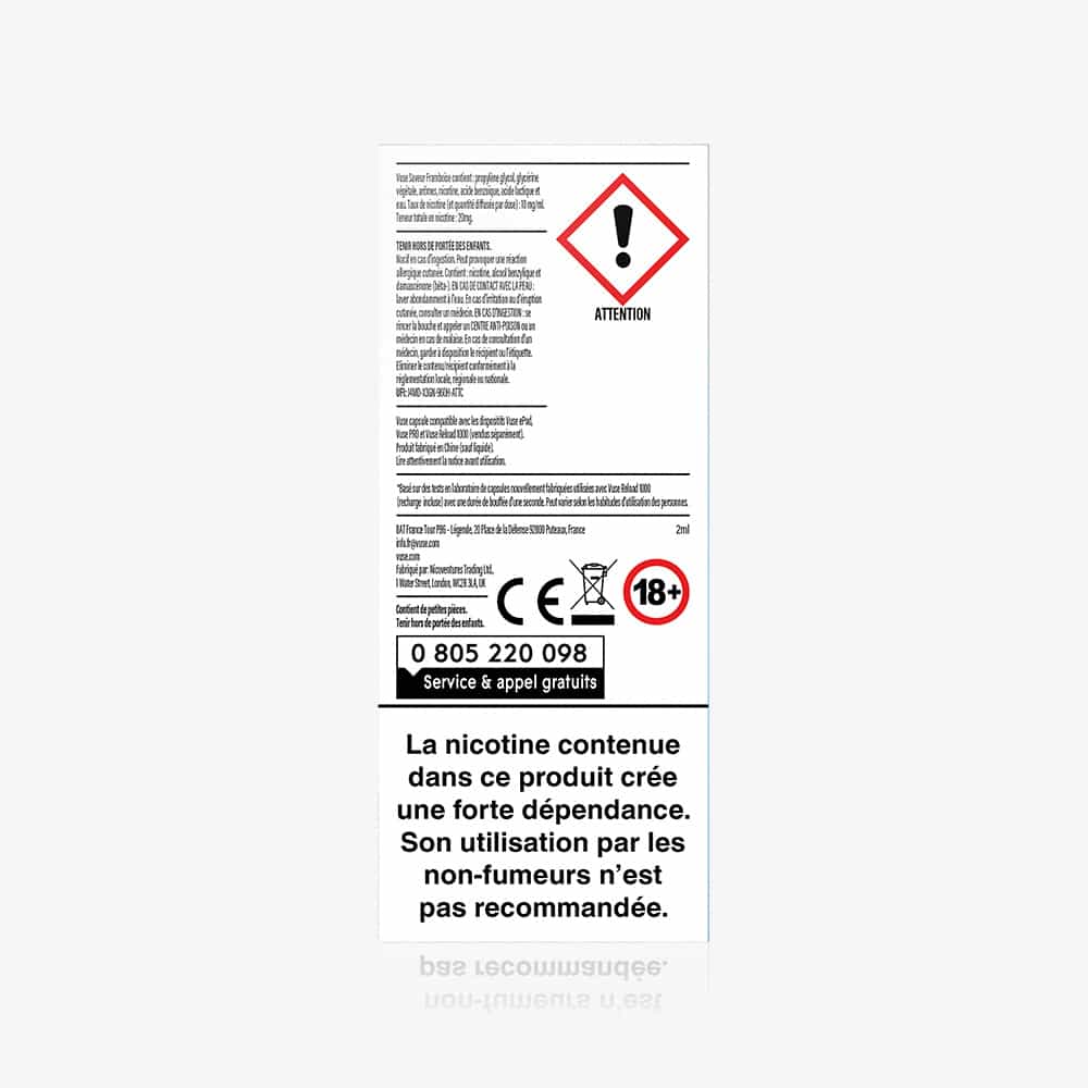 A white box for 1 Pod Saveur Framboise shows a nicotine addiction warning, French text, an 18+ age limit, a support phone number, and raspberry flavor capsules.
