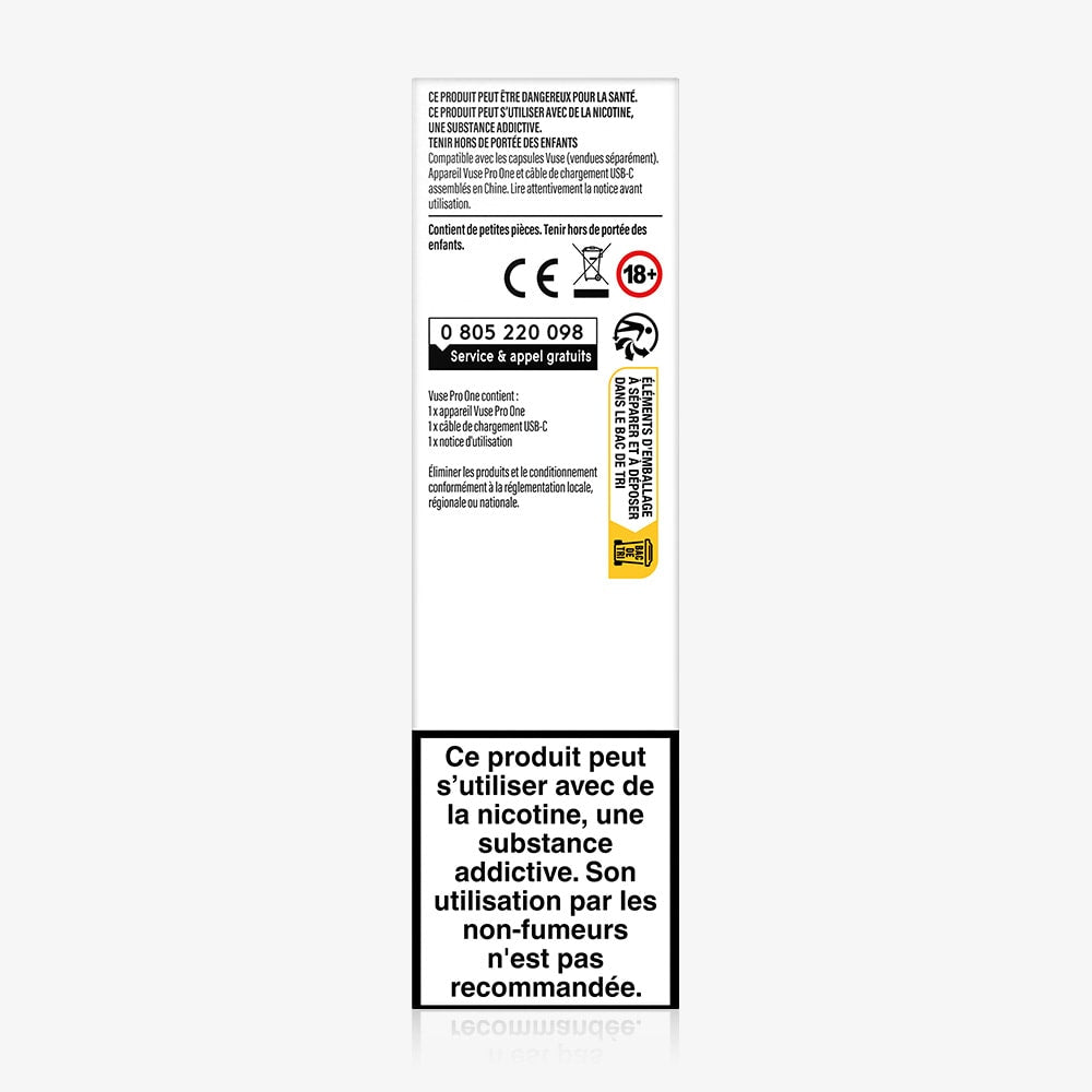 The Pro One Bar Kit Simple’s white packaging displays French and English warnings about nicotine addiction and health risks, with symbols for 18+ age restriction and keeping away from children. A black square highlights the French nicotine warning.