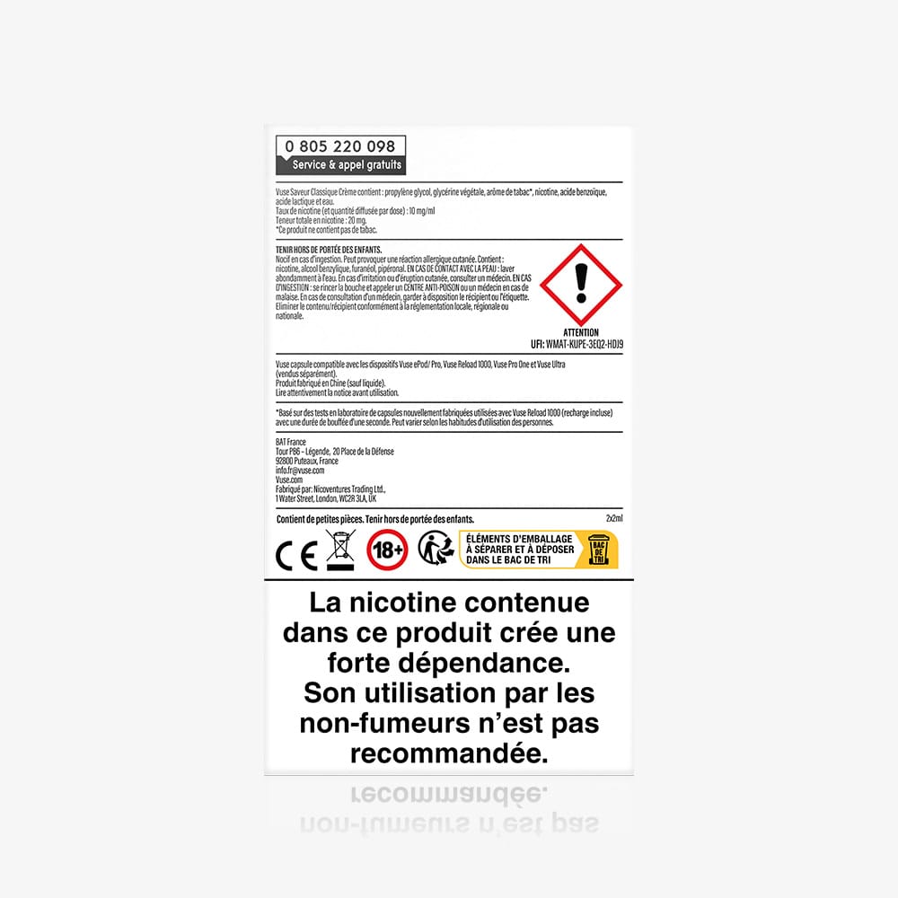 The back of the Recharge Gamme Intense Saveur Framboise package shows safety warnings, hazard symbols, and French text stating that its two capsules create strong dependence and are not recommended for non-smokers.