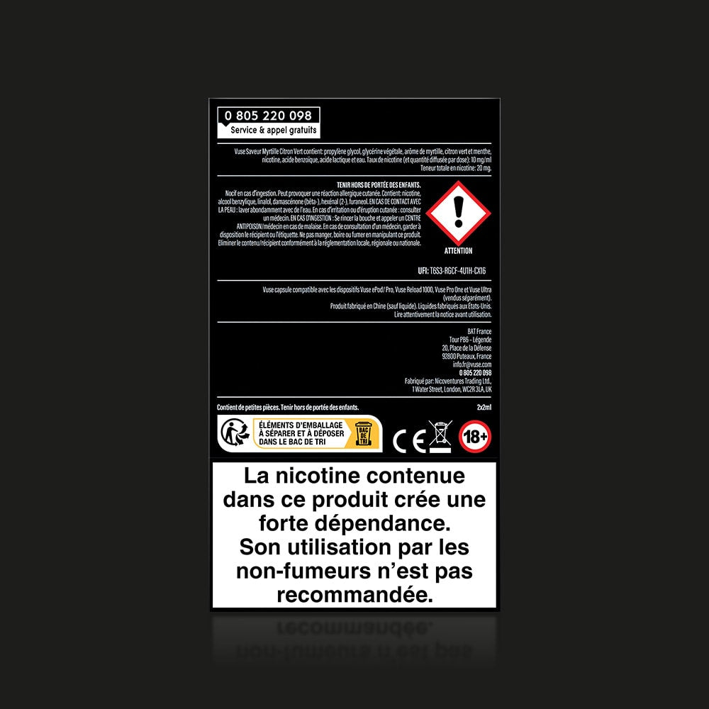 A French warning label on a black background for Vuse Ultra Saveur Myrtille Citron Vert, stating nicotine is highly addictive and not for non-smokers. Includes safety symbols and 18+ age restriction.