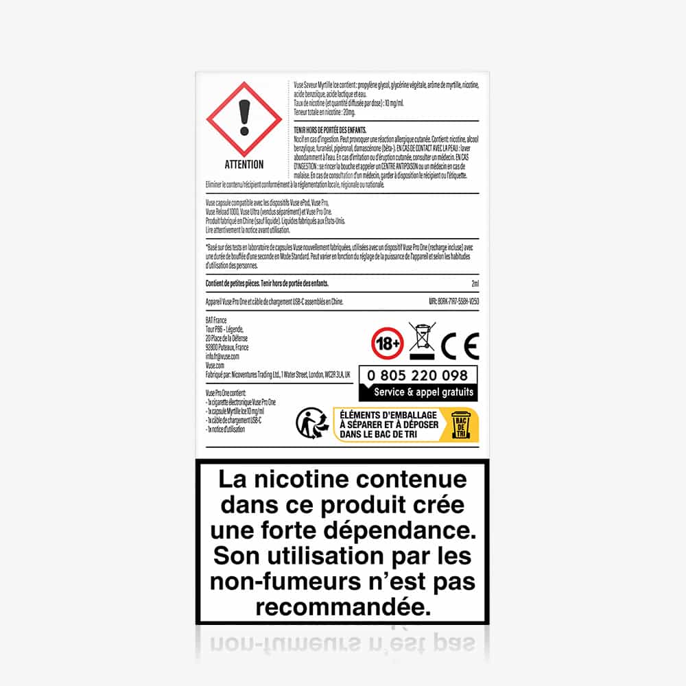 A white label with French nicotine warnings, red exclamation mark, hazard and recycling icons, 18+ age restriction, stating Vuse Pro ONE Box Myrtille Ice is addictive and not for non-smokers; mentions cigarette électronique.