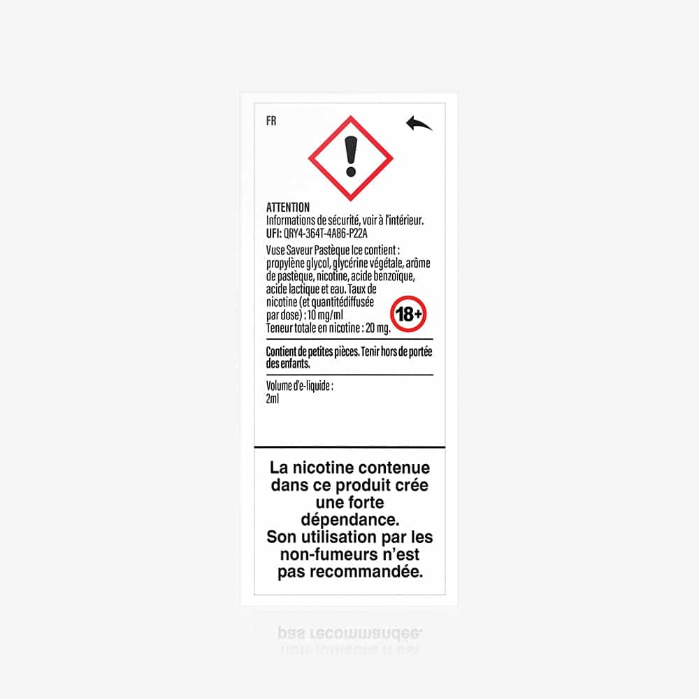 A French warning label on the 1 Pod Saveur Pasteque Ice e-liquide pod features hazard and 18+ symbols, notes nicotine is addictive and not for non-smokers, lists ingredients and safety info, and shows a 2ml liquid volume.