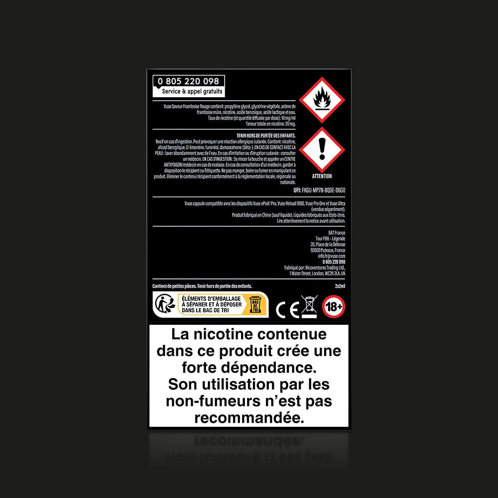 Black and white label with hazard symbols, warning icons, and French text about nicotine addiction. Bottom warns non-smokers against use. Vuse Ultra Saveur Framboise Rouge capsules connectées. 18+ symbol displayed.
