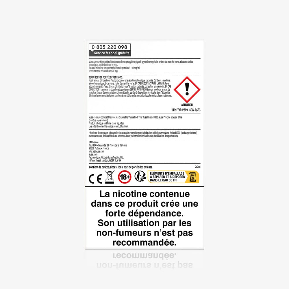 Back of Recharge Standards Saveur Menthe Fraîche Ice box showing warning symbols, red hazard icon, and large French warning: La nicotine contenue dans ce produit crée une forte dépendance. Saveur menthe; non recommandé aux non-fumeurs.