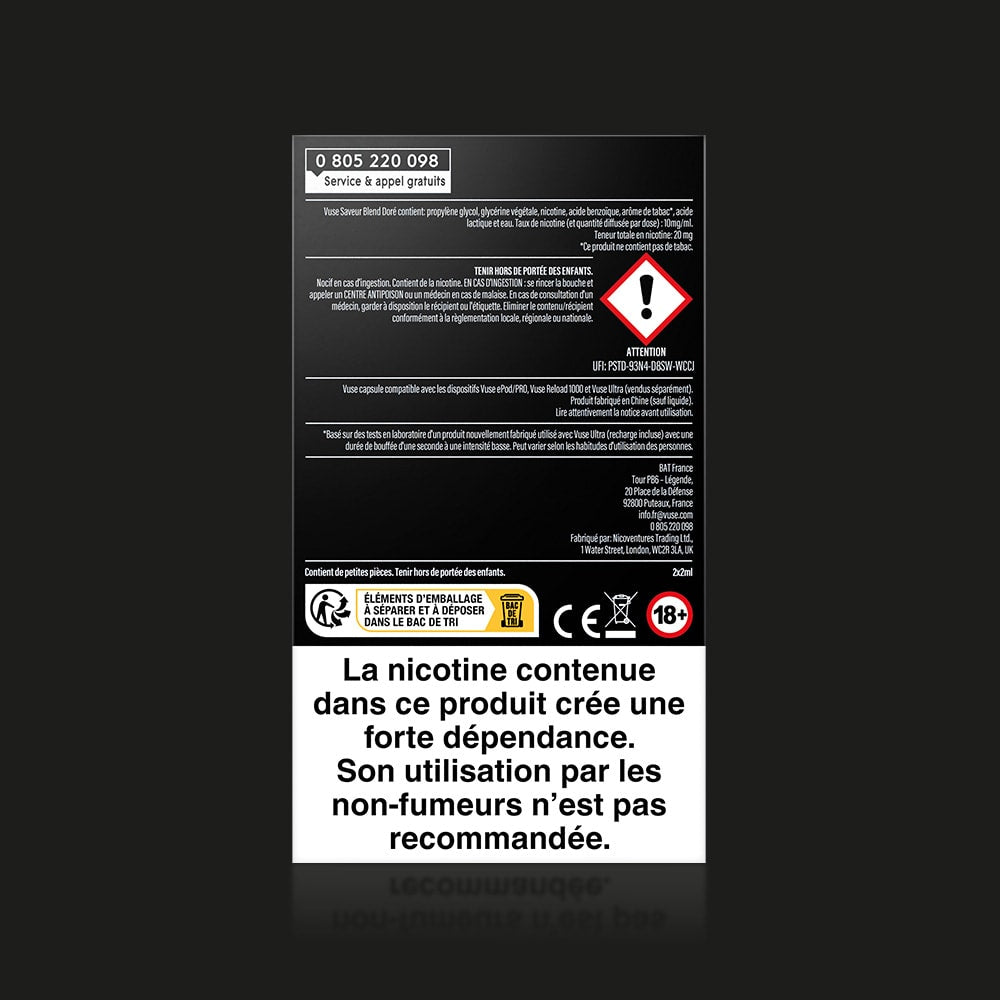 Black and white warning label on a Vuse Ultra Saveur Blend Doré tobacco product with French text stating it contains nicotine, which is highly addictive and not recommended for non-smokers; includes hazard symbols and legal warnings.