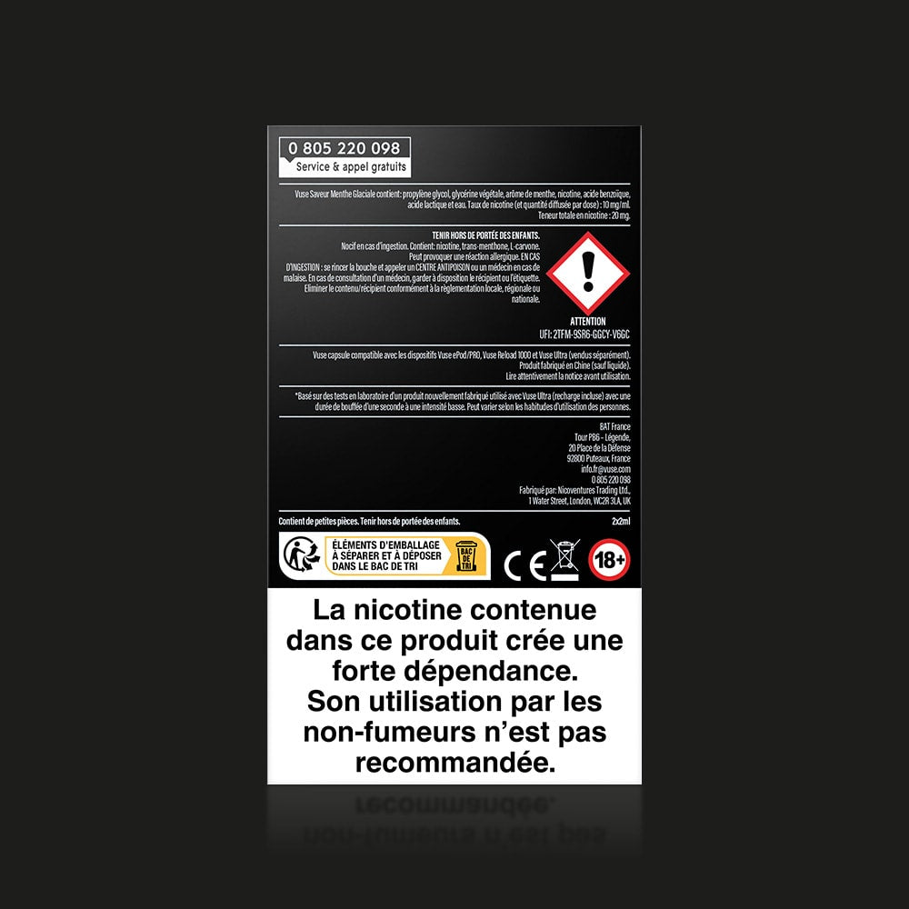A black and white French warning label for Vuse Ultra Saveur Menthe Glaciale capsules states the product contains 10mg/ml nicotine, is highly addictive, and not for non-smokers. Several caution symbols and a phone number are displayed.