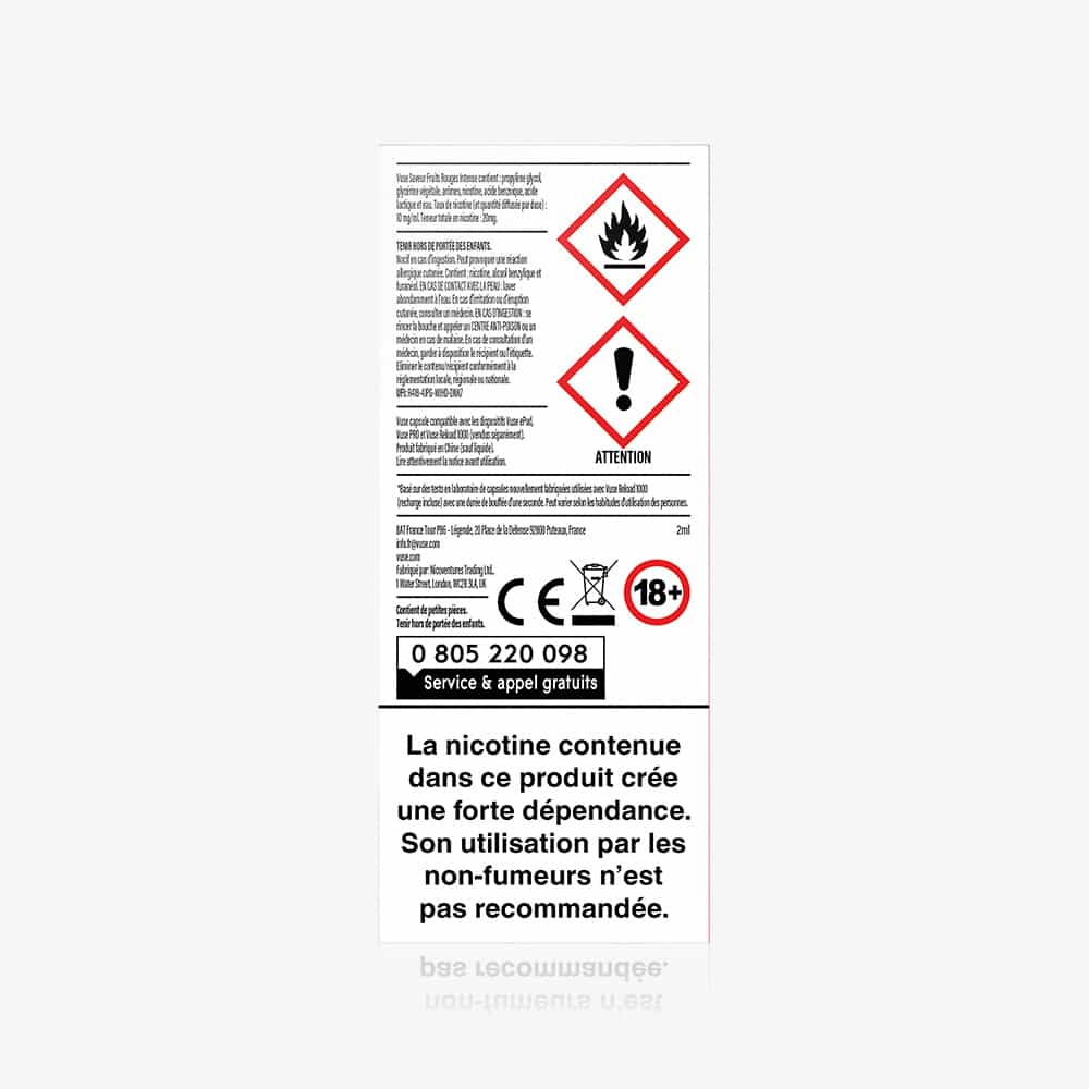 White packaging features French nicotine addiction warning, flammability hazard symbols, “18+” age restriction, and a toll-free number. Black and red text emphasize "1 Pod Saveur Fruits Rouges Intense" in bold, plus capsule details.