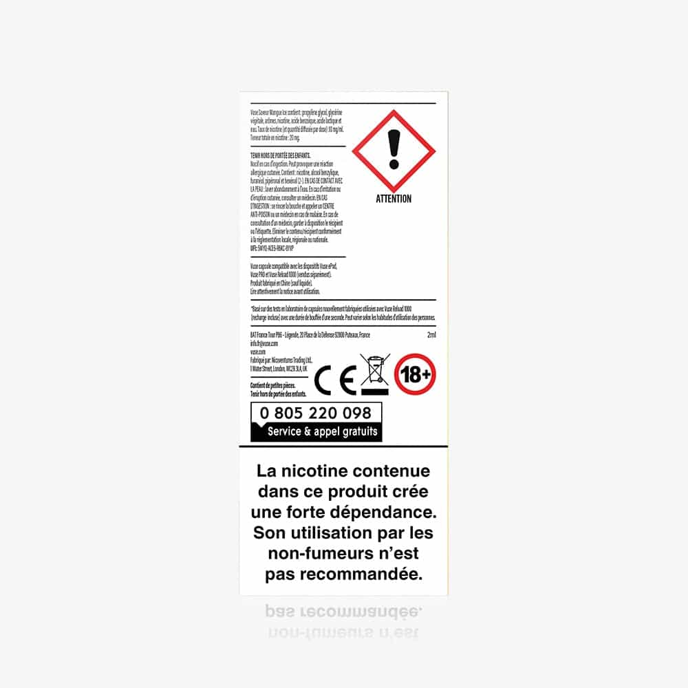 The back of a 1 Pod Saveur Mangue Ice box displays capsule saveur warnings in French, a hazard symbol, CE mark, 18+ icon, and text indicating nicotine is highly addictive and not recommended for non-smokers.