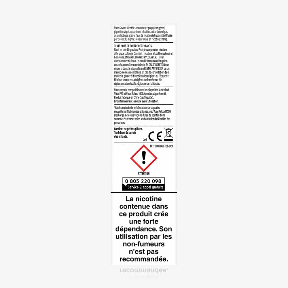 A French safety label with symbols on Vuse Reload 1000 Bar Saveur Myrtille Ice states it contains nicotine, which is highly addictive and not for non-smokers. A red hazard icon and a helpline number are also shown.