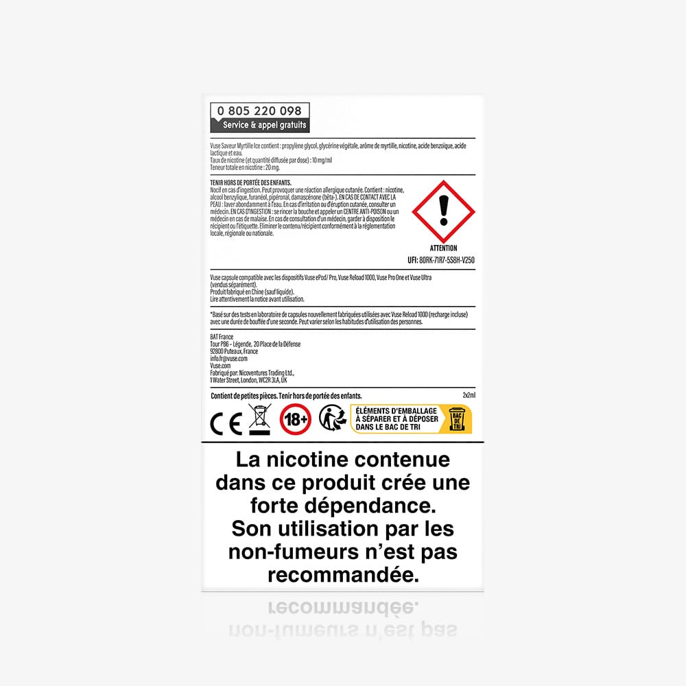 Dos de l’emballage du Recharge Gamme Intense Saveur Myrtille Ice : avertissements de sécurité, pictogrammes, code-barres et texte en grand : "La nicotine contenue dans ce produit crée une forte dépendance. Non recommandé aux non-fumeurs.