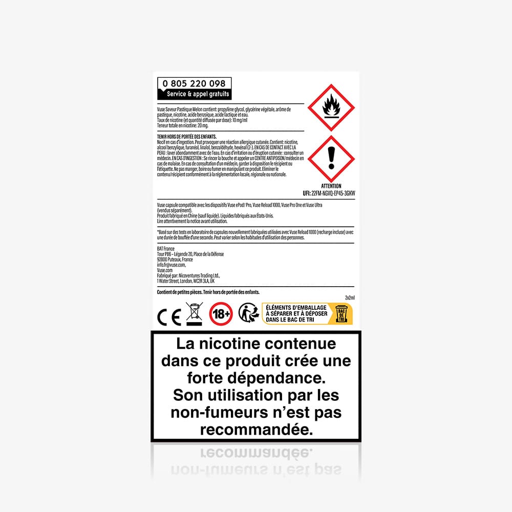 A warning label on a Recharges Standard Saveur Pastèque Melon 10 mg/ml Vuse nicotine pack features hazard symbols, French safety info, and a bold notice stating nicotine creates strong dependence and is not for non-smokers.