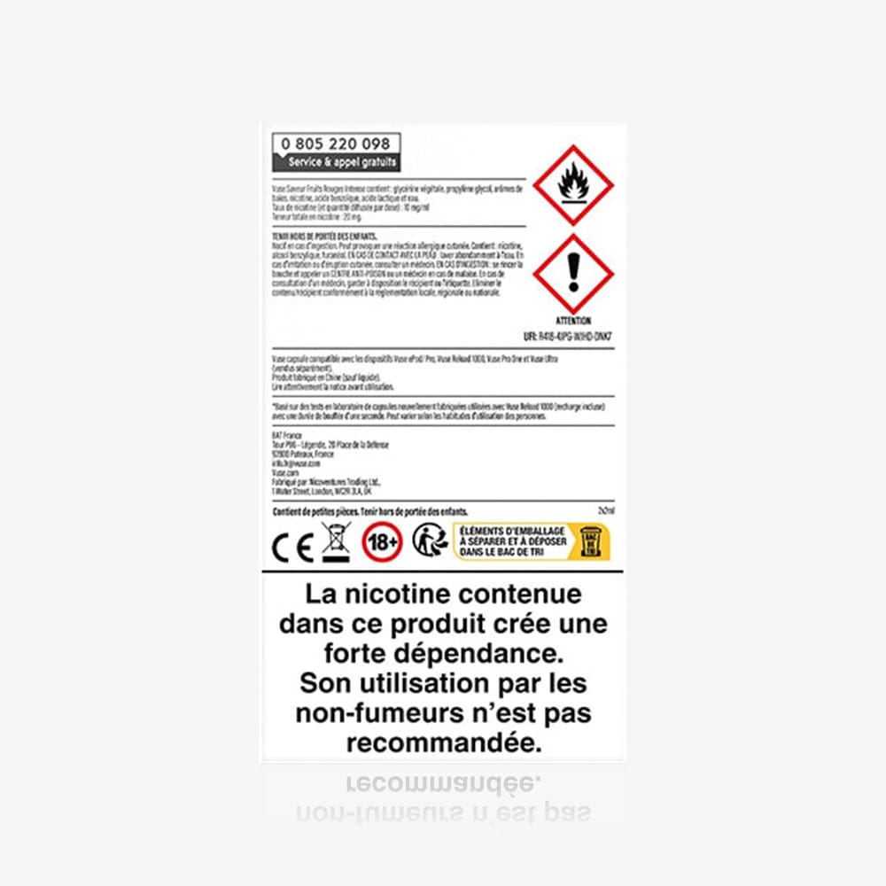 A French nicotine warning label with hazard symbols appears on the Recharge Gamme Intense Saveur Fruits Rouges Intense packet, warning of health risks and addiction. Non-smokers are advised not to use it. Age restriction, CE, and recycling symbols shown.