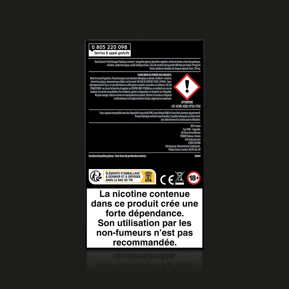 A black and white label for Vuse Ultra Saveur Fruits Rouges Pastèque with warning icons, French text stating la capsule connectée est très addictive et déconseillée aux non-fumeurs, hazard symbols, and an 18+ age restriction.