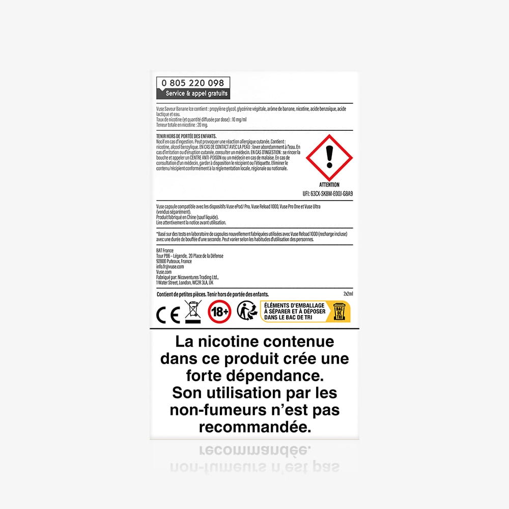Back of a Recharge Gamme Intense Saveur Banane Ice nicotine pack with French warning labels, hazard symbols, stating nicotine is highly addictive and not for non-smokers. Features saveur capsules for enhanced banana ice flavor.