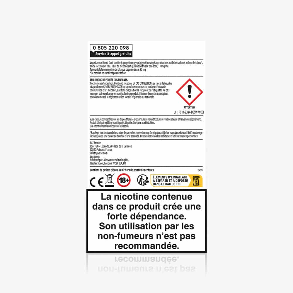 A French warning label on Recharge Gamme Classique Saveur Menthe Glaciale with hazard symbols states nicotine is highly addictive and not for non-smokers, and includes health warnings, regulatory icons, and contact information.