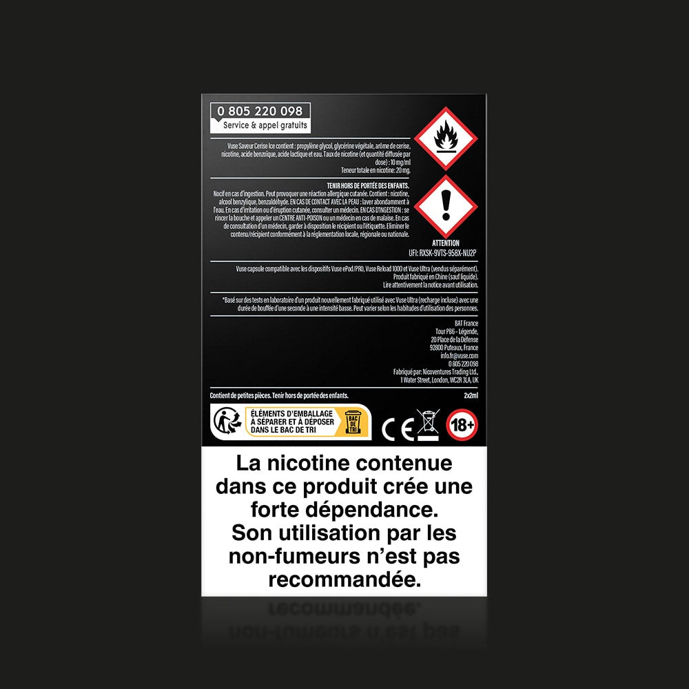 A French warning label for Vuse Ultra Saveur Cerise Ice displays flammability and health hazard symbols, nicotine addiction warnings, capsules connectée icons, an 18+ age restriction, and advises non-smokers not to use.