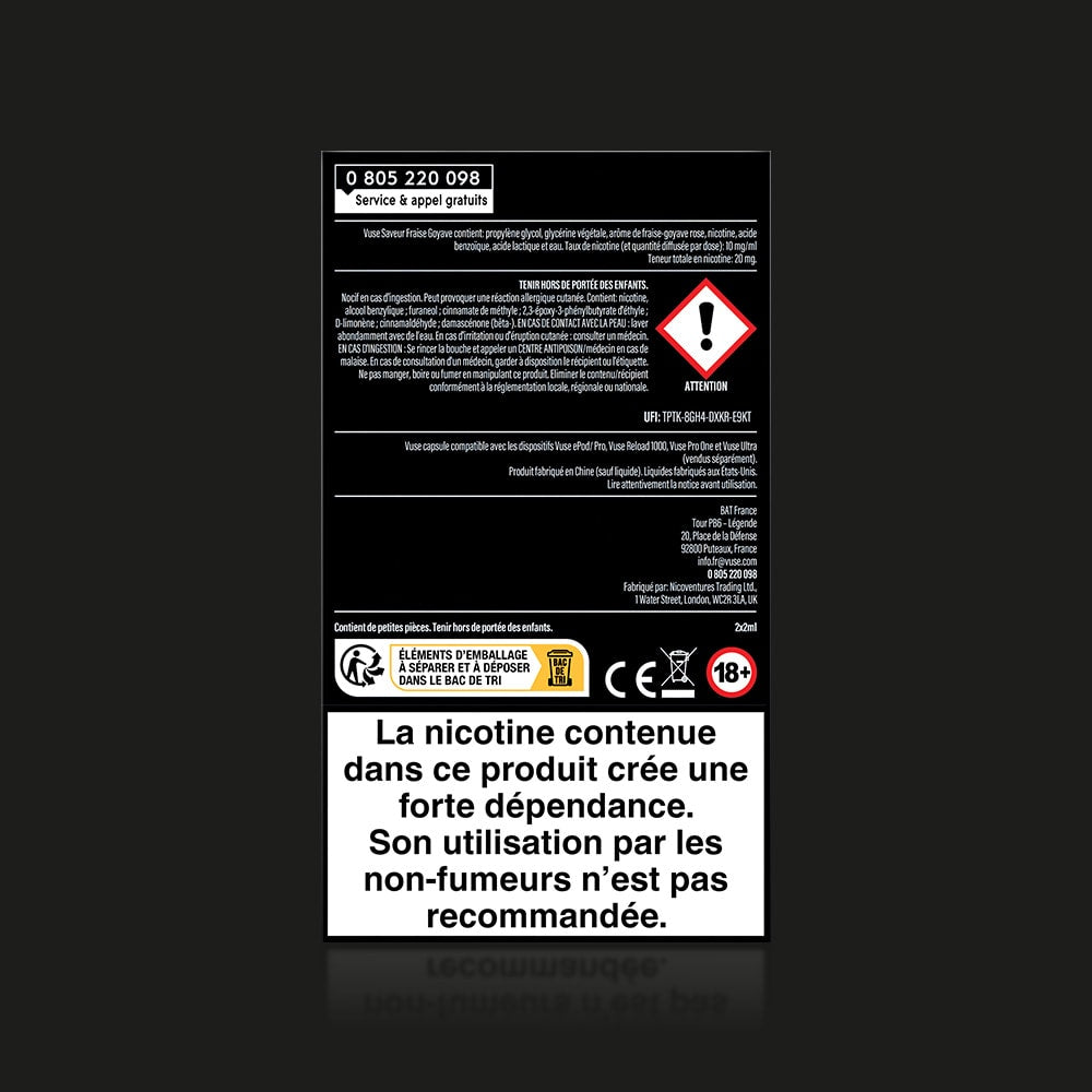 A black and white e-cigarette label in French, featuring a warning symbol, safety icons, and a bold health warning that nicotine is highly addictive and not for non-smokers—compatible with capsules connectées Vuse Ultra Saveur Fraise Goyave.