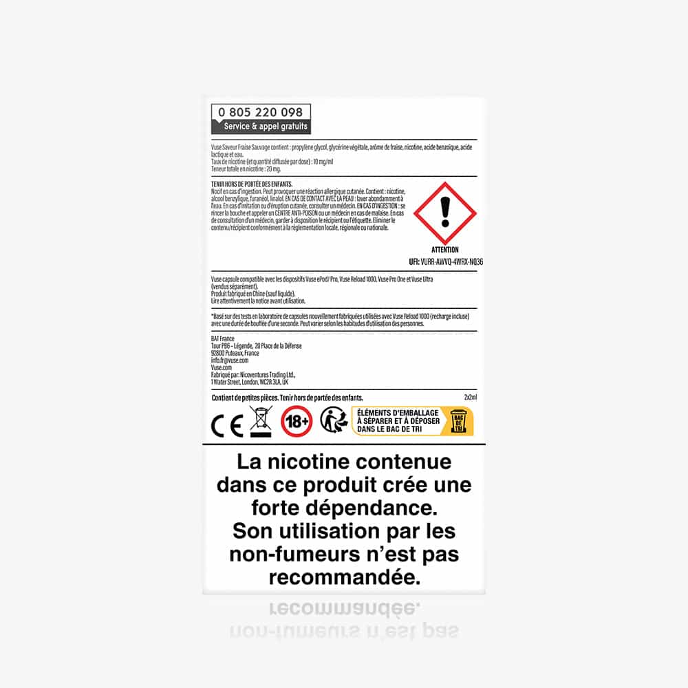 Back of Recharge Gamme Intense Saveur Fraise Sauvage nicotine package shows warning symbols and French text about nicotine addiction, advising non-smokers to avoid use. A large warning label is displayed at the bottom.