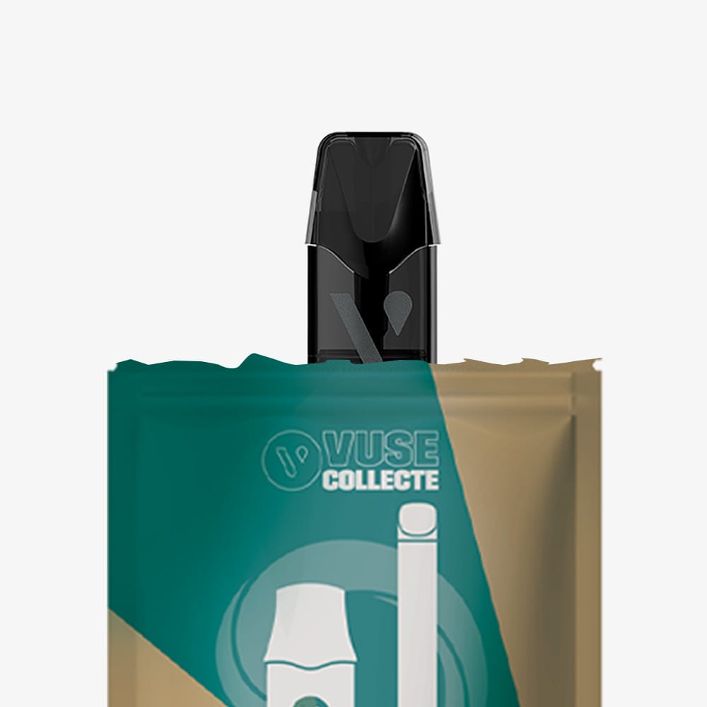 A close-up of a vape pod partially inserted into a teal and gold Sac de collecte Vuse pouch, with the Vuse Collect logo visible—perfect for recycling in your nearest bac de tri.