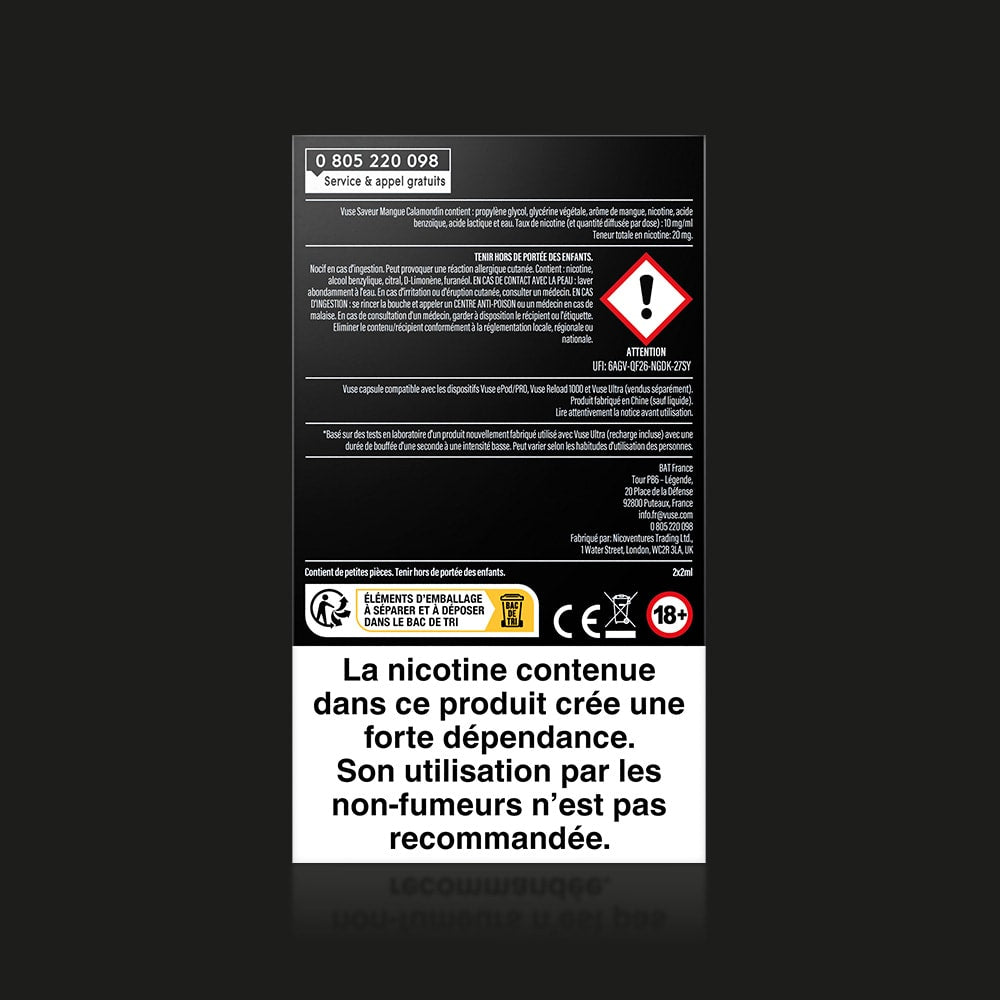 A black and white French warning label on a Vuse Ultra Saveur Mangue Calamondin pack states that nicotine is highly addictive and not for non-smokers. Several warning symbols and a red hazard sign are present.