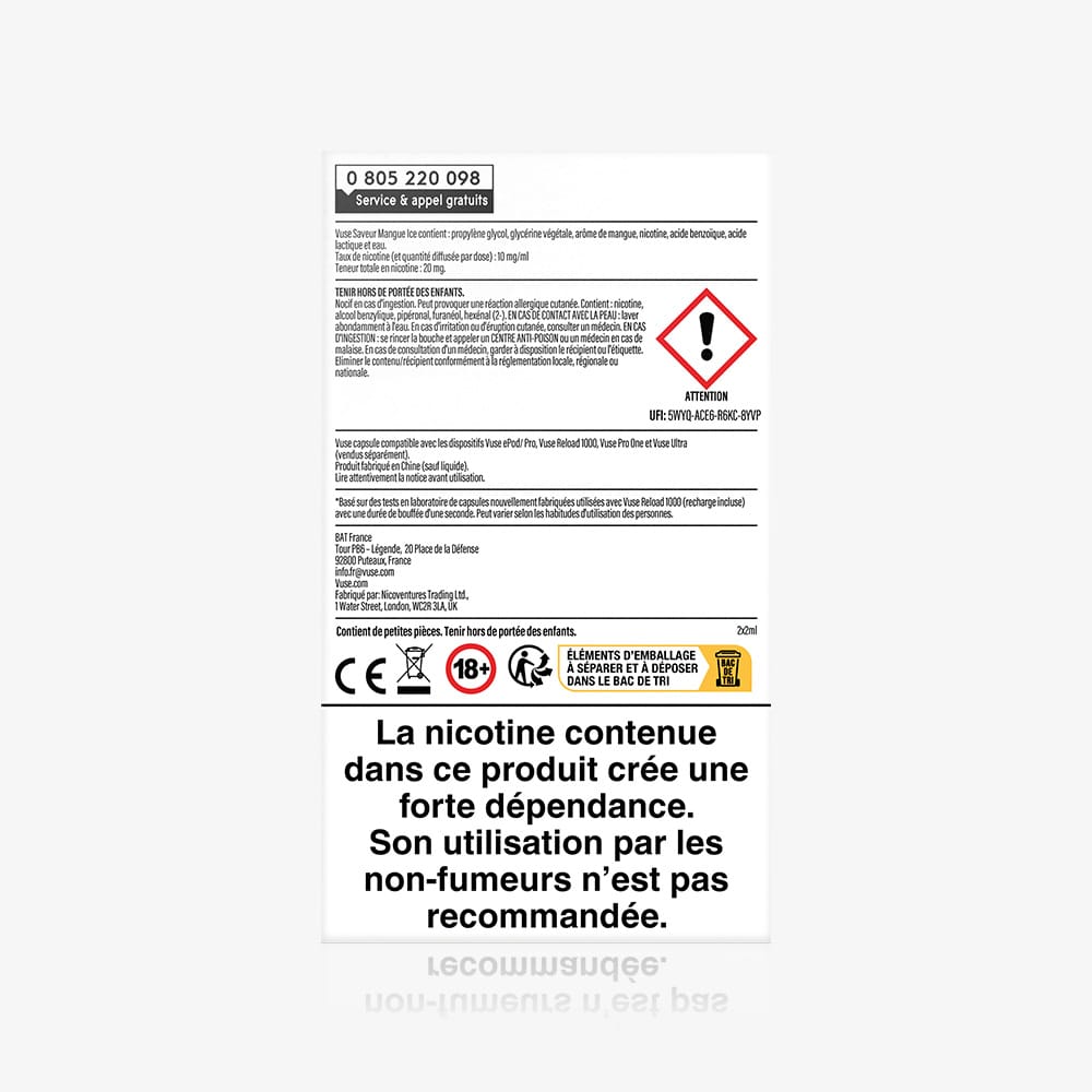 A white label with French text for Recharge Gamme Intense Saveur Mangue Ice features nicotine addiction and safety warnings, hazard symbols, and bold advice at the bottom urging non-smokers not to use this product.
