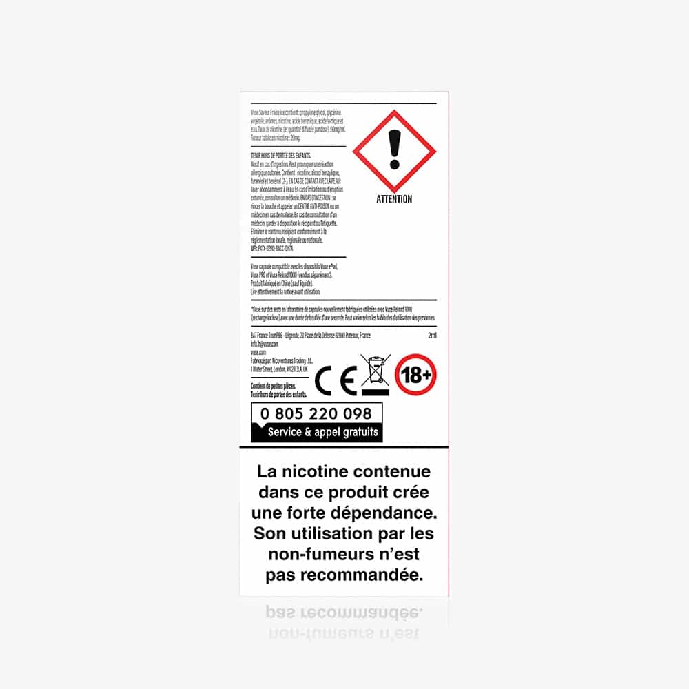 White box with black French text warns of nicotine addiction. A red exclamation hazard symbol is above. The label says 1 Pod Saveur Fraise Ice capsules are for adults 18+ only and not recommended for non-smokers.