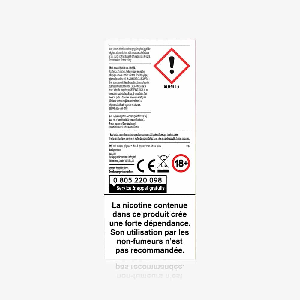 The 1 Pod Saveur Fraise Kiwi comes in white packaging featuring a French nicotine addiction warning, red exclamation hazard symbol, 18+ icon, free support phone number, and contains capsules saveur Fraise Kiwi.