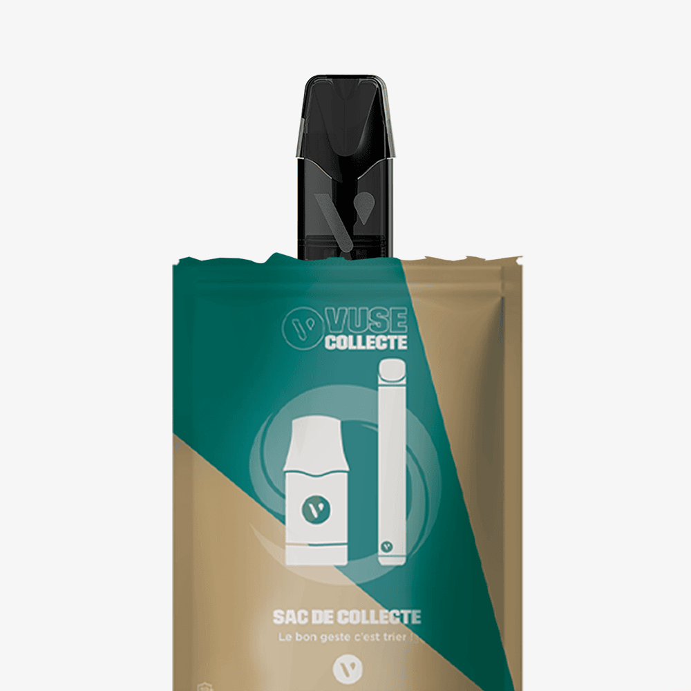 A Sac de collecte Vuse, decorated with vape device illustrations and French recycling instructions, holds an upright black Vuse vape pen for proper disposal.