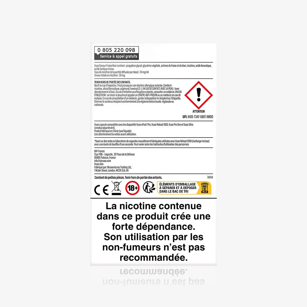 Back of Recharge Gamme Intense Saveur Fraise Kiwi nicotine product box with safety warnings, hazard symbols, and French text warning that nicotine is highly addictive and not recommended for non-smokers. Features fraise kiwi flavored capsules. Black text on white background.