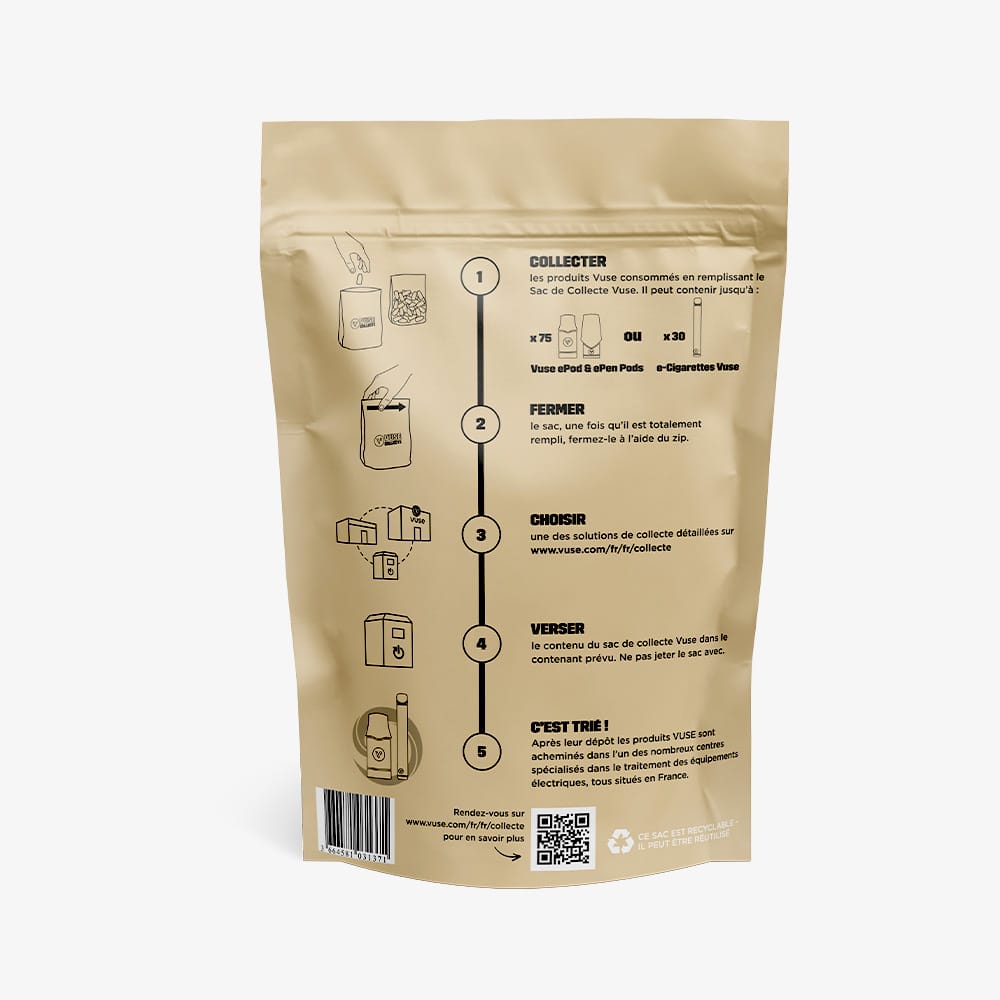 The Sac de collecte Vuse is a brown resealable bag with illustrated French instructions for recycling Vuse products. It features icons, brief text on using a bac de tri, and a QR code at the bottom right.