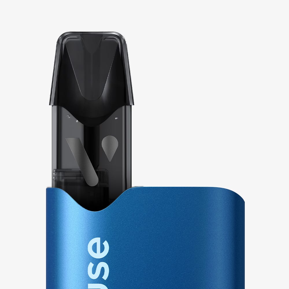 A blue rectangular vape device with a black mouthpiece is partially inserted into its case, highlighting the Recharge Gamme Intense Saveur Myrtille Ice capsules, set against a plain white background.