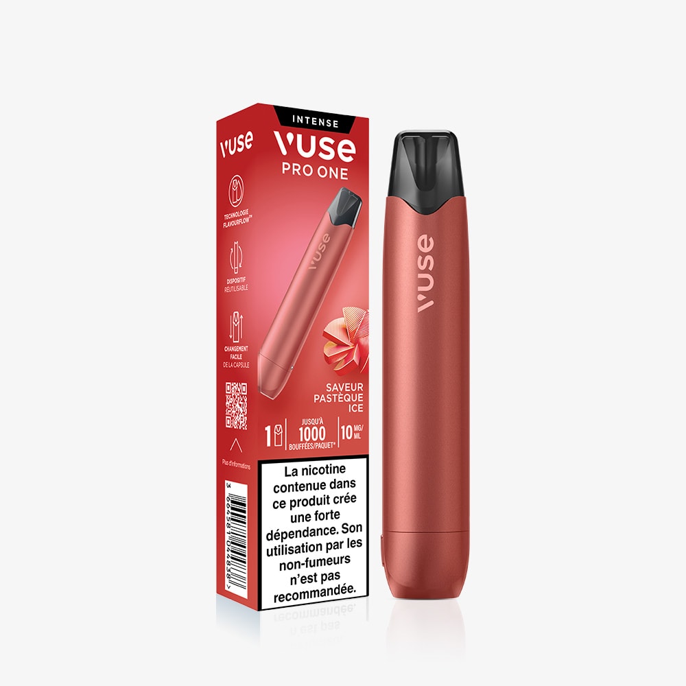 The Vuse Pro ONE Bar Pastèque Ice vape device and its red box feature watermelon slice graphics, French product info, "Saveur Pastèque Ice," and a nicotine warning.
