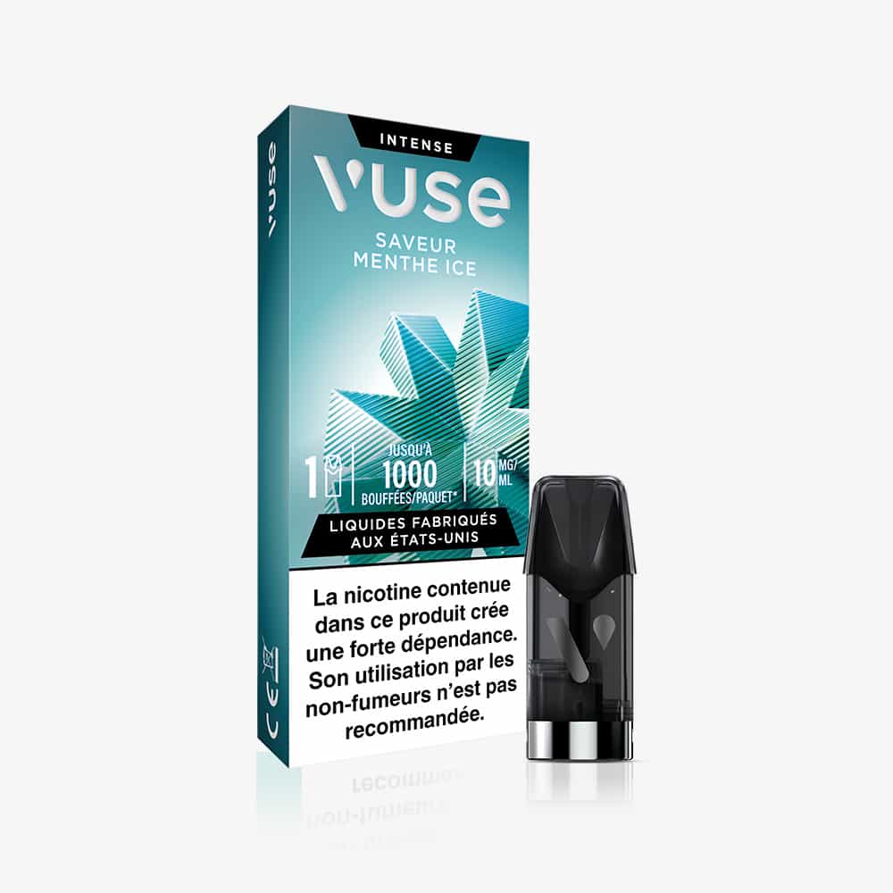The 1 Pod Saveur Menthe Ice vape packaging shows a black capsule next to a teal box with a mint leaf design, French text on saveur Menthe and nicotine content, plus a health warning at the bottom.