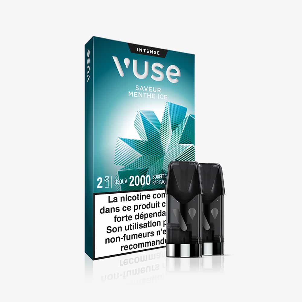 A Recharge Gamme Intense Saveur Menthe Ice e-cigarette pod pack with two mint-flavored capsules is shown. The teal box has a geometric mint leaf design and French warnings about nicotine content and health risks.
