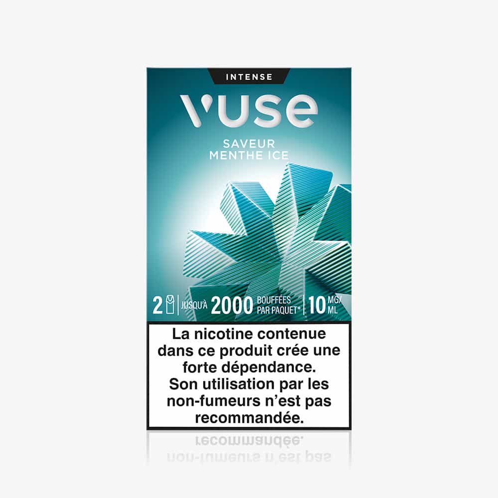 Recharge Gamme Intense Saveur Menthe Ice packs show ice crystal visuals, product info, and a French nicotine warning. Includes capsules saveur menthe for a cool, refreshing sensation; not suitable for non-smokers.