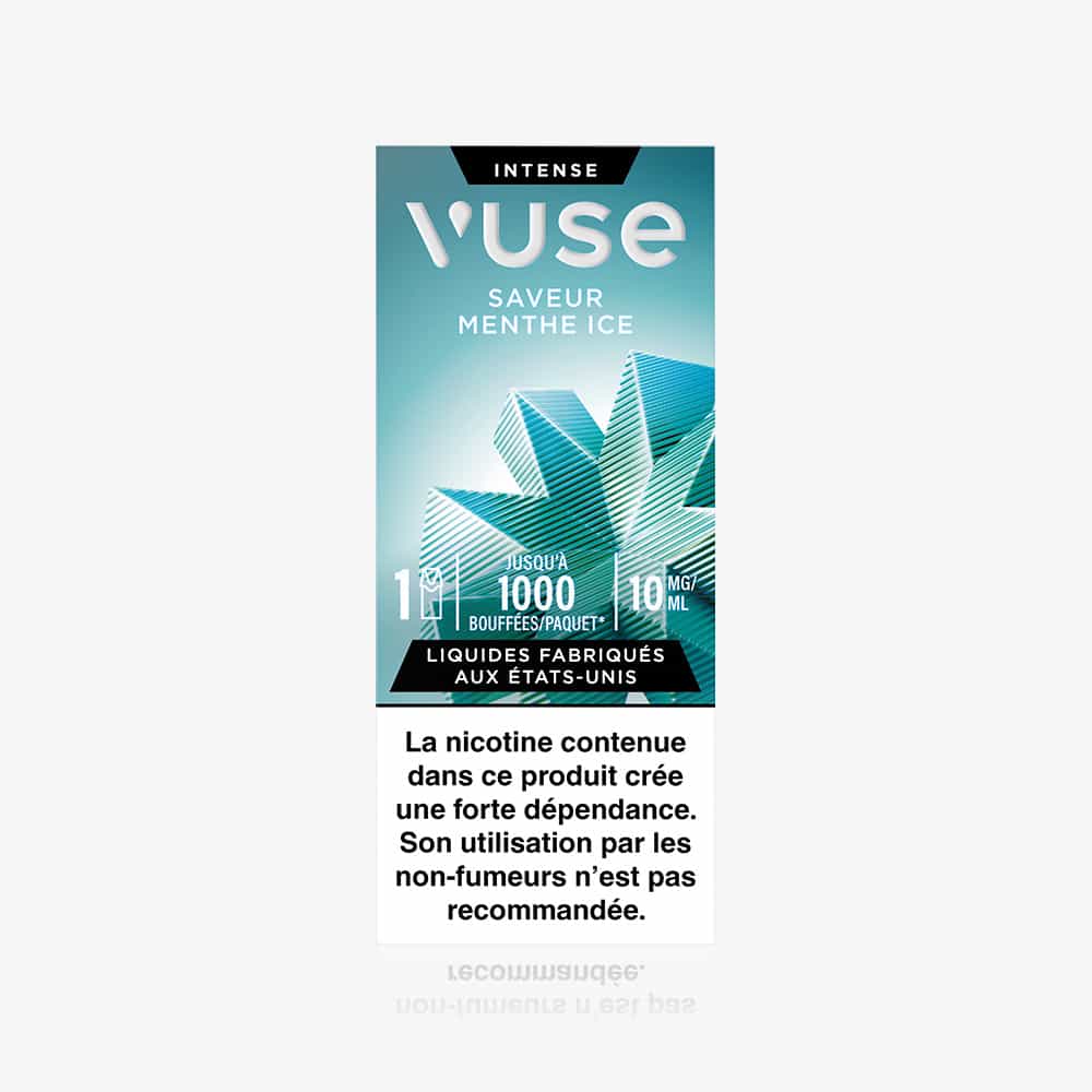 1 Pod Saveur Menthe Ice: capsule Vuse Intense, 10 mg/mL nicotine, jusqu’à 1000 bouffées par pack, design géométrique feuille de menthe. Avertissement en français : la nicotine contenu dans ce produit crée une forte dépendance.