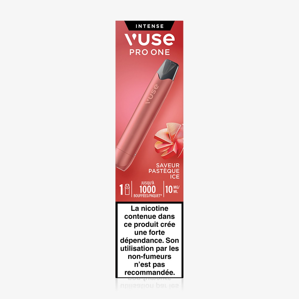Vuse Pro ONE Bar Pastèque Ice offers 1000 puffs in red packaging, featuring watermelon and ice imagery to highlight the flavor. French nicotine warning appears below. Convenient prêt-à-vaper design for easy use.